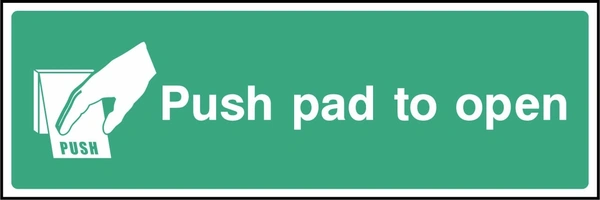 Green and white Push pad to open sign showing a hand pressing a pad. Artwork EMER0041.