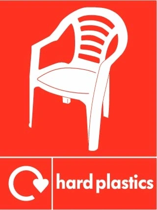 Hard plastics recycling sign showing white recycling arrow and plastic illustration and wording on a red portrait panel. Artwork PLAS0024.