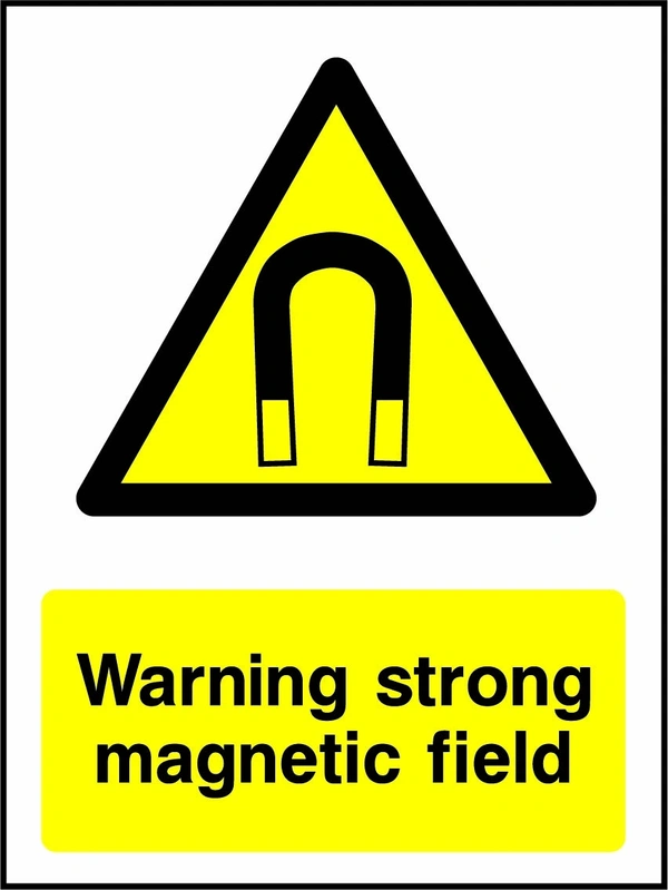 Warning — Strong magnetic field sign showing yellow magnet warning pictogram above wording. Artwork GENE0081.