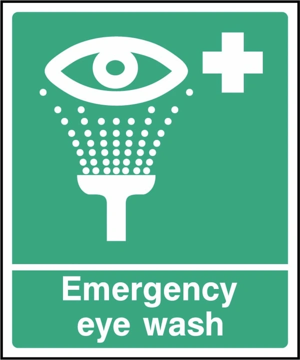 Emergency eye wash sign showing eye and water spray pictogram. Artwork FAID0007.