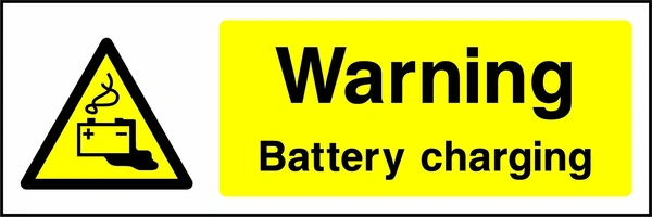 Warning — Battery charging sign showing yellow battery warning pictogram beside wording. Artwork GENE0041.