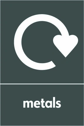 Metals recycling sign showing white recycling arrow and wording on a dark grey portrait panel. Artwork META0040.