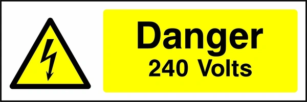 Danger — 240 Volts sign showing yellow electrical lightning bolt warning triangle beside wording. Artwork ELEC0002.