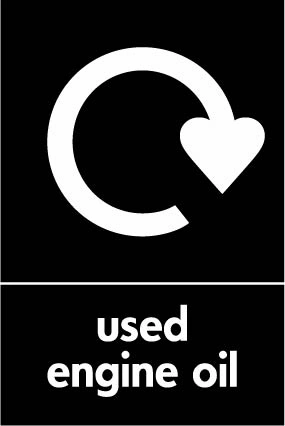 Used engine oil recycling sign showing recycling arrow with white wording on black. Artwork AUTO0014.