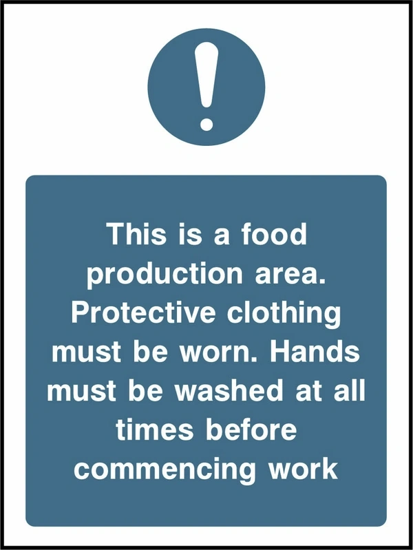 This is a food production area — Protective clothing must be worn — Wash hands before work. Food processing sign artwork FOOD0014.