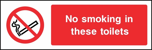 No smoking in these toilets sign. red cigarette or naked-flame prohibition pictogram beside a red wording panel. Artwork SMOK0024.