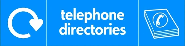 Telephone directories recycling sign showing white recycling arrow and material illustration and wording on a blue letterbox panel. Artwork PAPE0023.