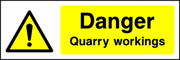 Danger — Quarry workings sign showing yellow exclamation warning pictogram beside wording. Artwork GENE0024.