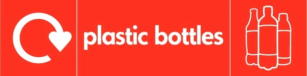 Plastic bottles recycling sign showing white recycling arrow and plastic illustration and wording on a red letterbox panel. Artwork PLAS0013.