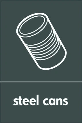 Steel cans recycling sign showing white material illustration and wording on a dark grey portrait panel. Artwork META0053.