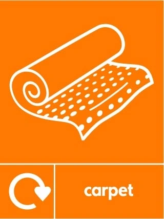Carpet collection-point artwork with a white recycling arrow, item illustration and wording on orange. OTHE0031.