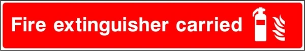 Fire extinguisher carried sign showing extra-wide vehicle equipment label. Artwork FEQP0043.