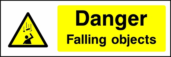 Yellow and black landscape letterbox sign with a falling objects pictogram and Danger Falling objects wording. CONS0043 artwork.