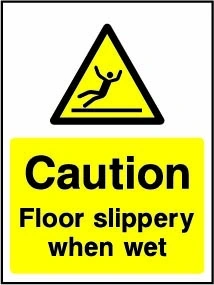 Caution — Floor slippery when wet sign. Original hotel notice artwork HOTE0021.