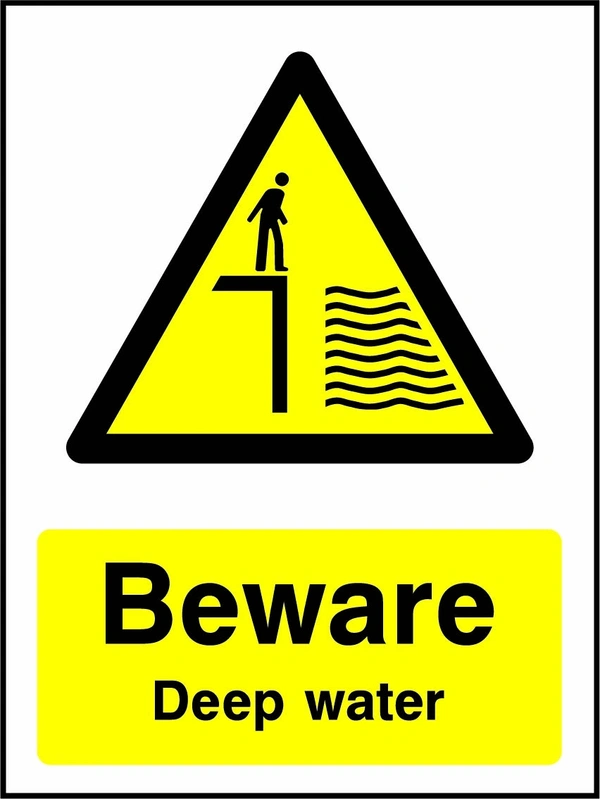 Beware — Deep water sign showing a yellow warning triangle above the printed water or coastal hazard message. Artwork WATE0038.