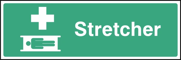 Stretcher sign showing stretcher pictogram and white cross. Artwork FAID0025.