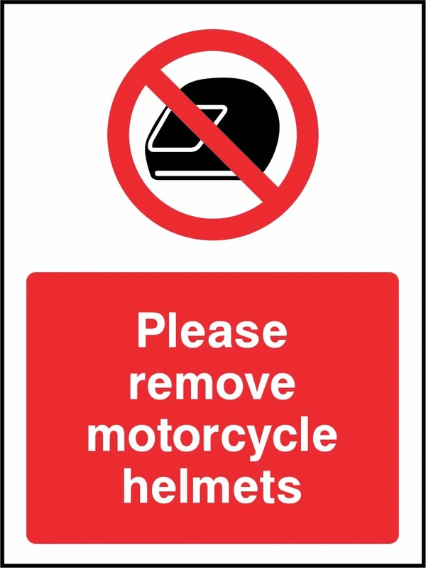 Please remove motorcycle helmets sign showing red motorcycle helmet prohibition symbol above wording. Artwork GENE0121.