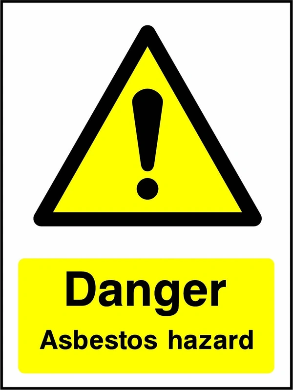 Danger — Asbestos hazard sign with yellow triangular exclamation mark pictogram above wording. Artwork CHEM0065.
