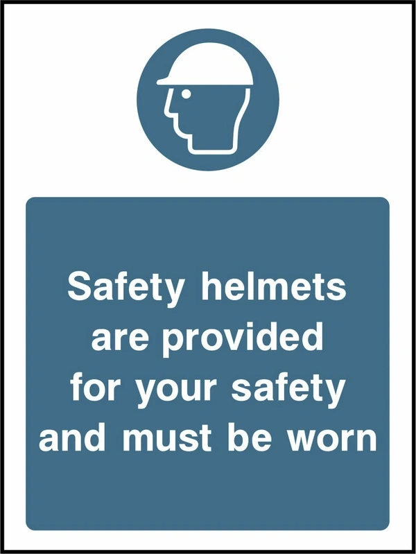 Safety helmets are provided for your safety and must be worn sign showing blue safety helmet pictogram above wording. Artwork PPE0038.