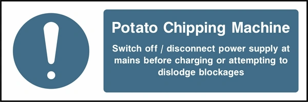 Potato chipping machine — Switch off and disconnect power before clearing blockages. Food processing sign artwork FOOD0061.