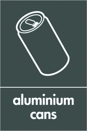 Aluminium cans recycling sign showing white material illustration and wording on a dark grey portrait panel. Artwork META0044.