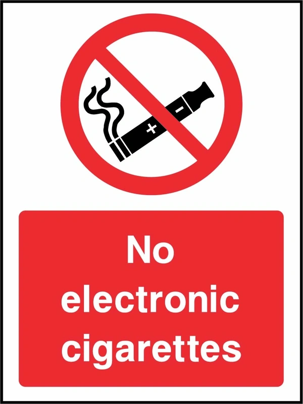 No electronic cigarettes sign. red prohibition pictogram above a red wording panel. Artwork SMOK0067.