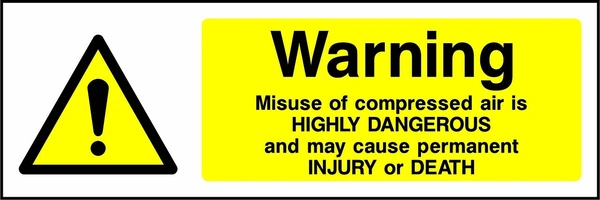 Warning — Misuse of compressed air is highly dangerous and may cause permanent injury or death sign showing yellow hazard warning artwork with the printed garage instruction. Artwork GARA0006.