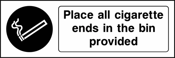 Place all cigarette ends in the bin provided sign. black cigarette pictogram beside a black-and-white text panel. Artwork SMOK0070.