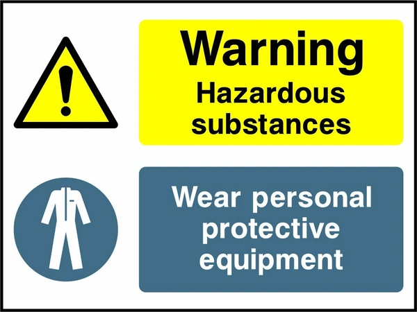 Warning — Hazardous substances — Wear personal protective equipment sign showing yellow warning and blue protective-equipment instruction panels. Artwork PROT0019.