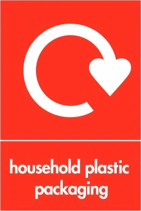Household plastic packaging recycling sign showing white recycling arrow and wording on a red portrait panel. Artwork PLAS0016.