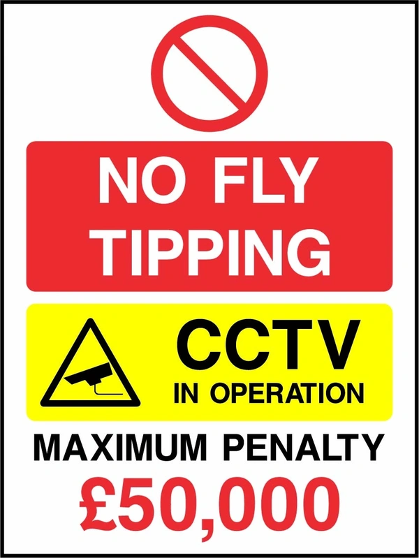 No fly tipping — CCTV in operation — Maximum penalty £50,000. collated prohibition, CCTV and penalty panels. Original artwork GENE0135.