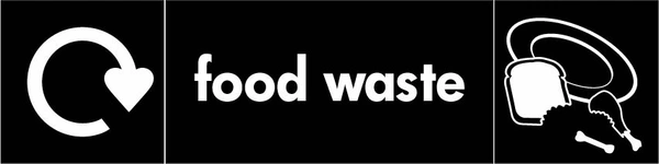 Food waste recycling sign showing white recycling arrow and waste illustration and wording on a black letterbox panel. Artwork ORGA0010.