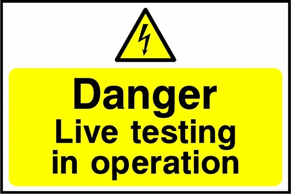 Danger — Live testing in operation. a yellow warning panel and hazard symbol. Artwork LOCK0022.
