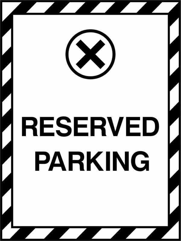 Reserved Parking sign. black wording with a black-and-white diagonal border. Supplied artwork PARK0046.