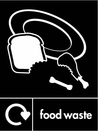 Food waste recycling sign showing white recycling arrow and waste illustration and wording on a black portrait panel. Artwork ORGA0022.