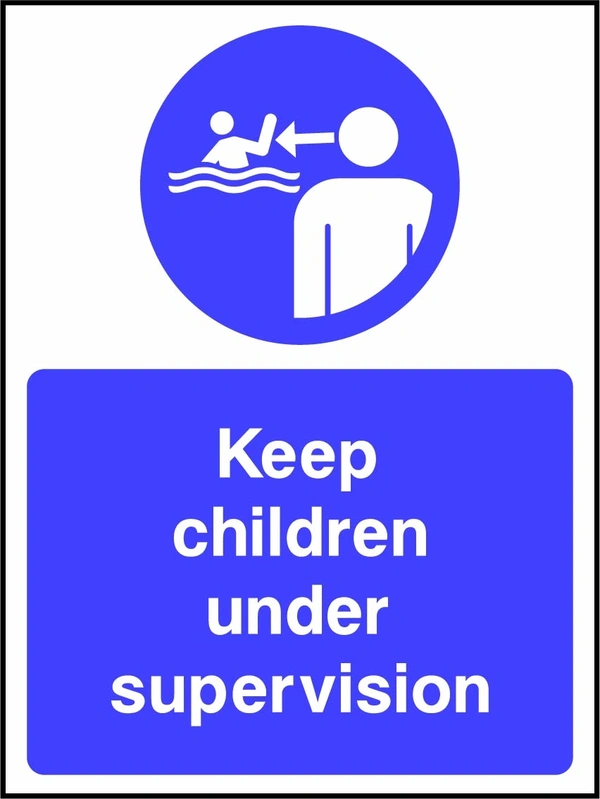 Keep children under supervision sign showing a blue instruction pictogram above the printed wording. Artwork WATE0056.
