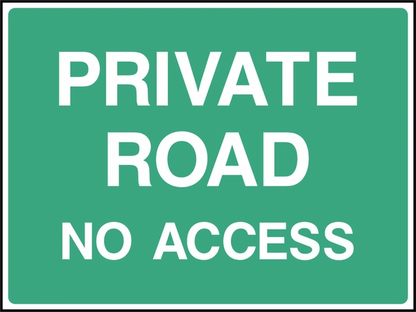 Private road — No access sign showing white wording on a green panel. Artwork COUN0096.