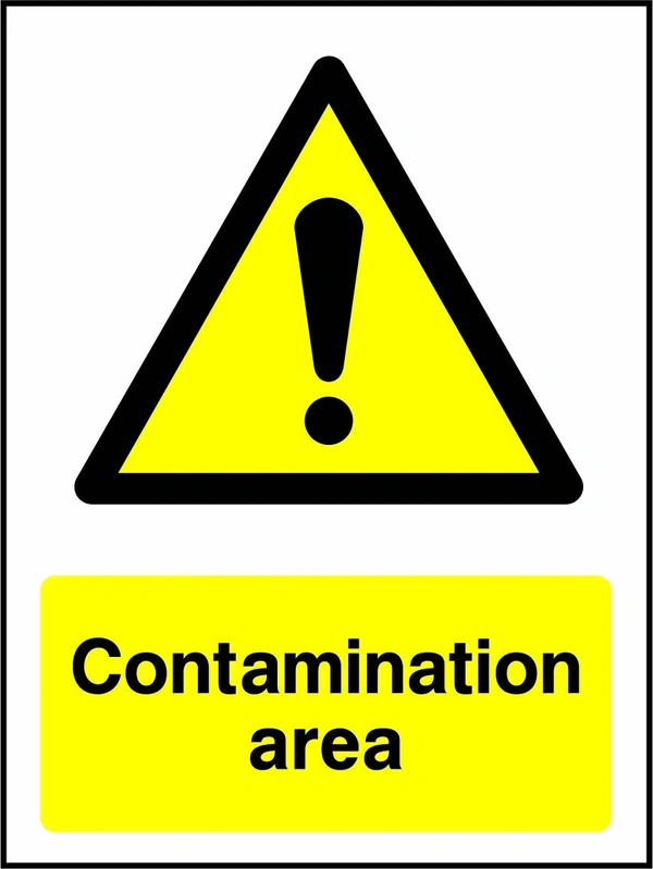 Contamination area sign with yellow triangular exclamation mark pictogram above wording. Artwork CHEM0081.
