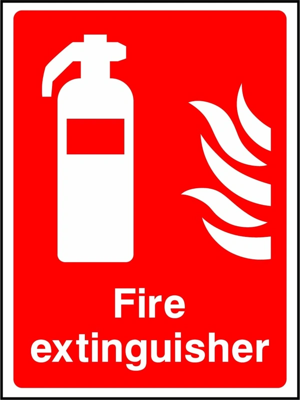 Fire extinguisher sign showing extinguisher pictogram above wording. Artwork FEQP0007.