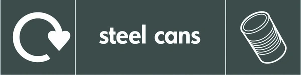 Steel cans recycling sign showing white recycling arrow, material illustration and wording on a dark grey letterbox panel. Artwork META0032.