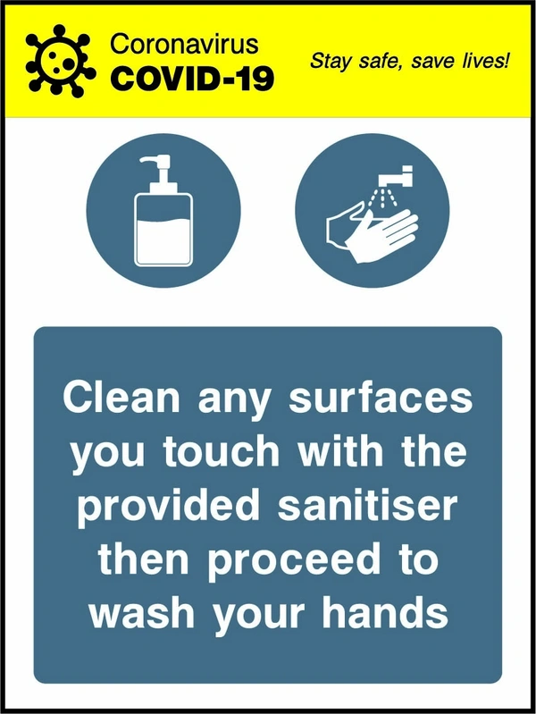Clean any surfaces you touch with the provided sanitiser then proceed to wash your hands. the blue instruction panel, symbols and any yellow header shown. Artwork COVI0026.