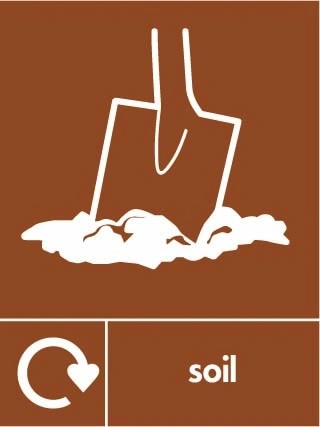 Soil recycling sign showing recycling arrow and material illustration with white wording on brown. Artwork BUIL0037.