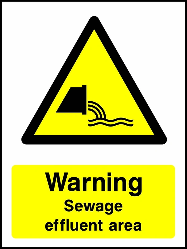 Warning — Sewage effluent area sign showing a yellow warning triangle above the printed water or coastal hazard message. Artwork WATE0049.