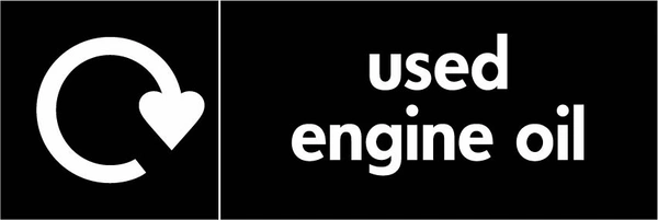 Used engine oil recycling sign showing recycling arrow with white wording on black. Artwork AUTO0007.