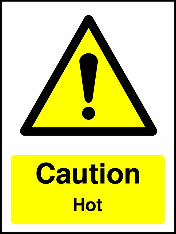 Caution — Hot sign showing yellow exclamation warning pictogram above wording. Artwork GENE0056.
