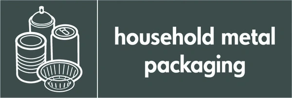Household metal packaging recycling sign showing white material illustration and wording on a dark grey letterbox panel. Artwork META0016.