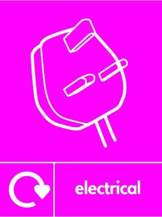 Electrical sign showing white plug pictogram with recycling arrow beside wording on magenta background. Artwork ELEC0118.