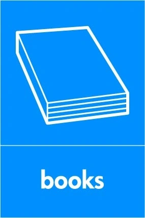 Books recycling sign showing white material illustration and wording on a blue portrait panel. Artwork PAPE0031.