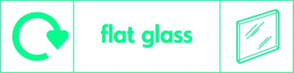 Flat glass recycling sign showing recycling arrow and glass illustration and wording on a green on white letterbox panel. Artwork GLAS0005.