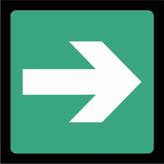 Green and white Emergency escape arrow — Right sign showing right arrow pictogram. Artwork EMER0054.